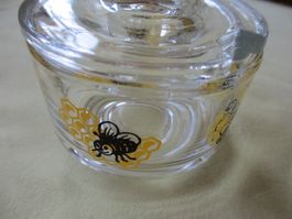 Honigtopf aus Glas mit Deckel, Bienenmotiv - Vintage!