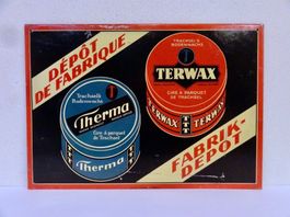 ALTES REKLAME BLECHSCHILD THERMA TERWAX TRACHSEL BODENWACHS