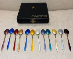 Antique Set Of 12 Spoons in Silver & Enamel Collectible