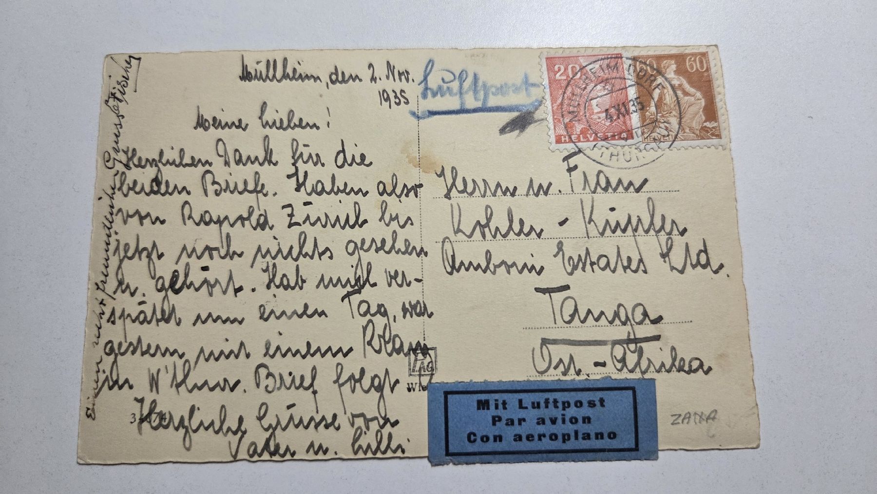 Tutti i francobolli: 1935 Ansichtskarte Katze nach Tonga Ost-Afrika – Usato da Arni AG venduto da Moth68