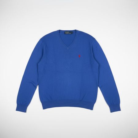 Pull col V Ralph Lauren bleu roi - 100% Coton - Taille M
