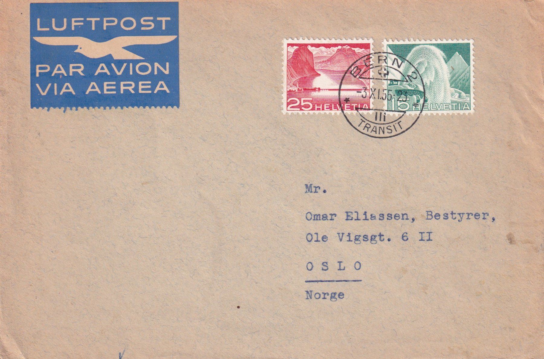 Tutti i francobolli: Flugbrief Bern - Oslo 3.X.55 – Usato da Birsfelden venduto da chr_yq2g