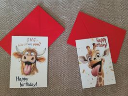 2 lustige Geburtstagskarten mit Kuvert, funny birthday cards