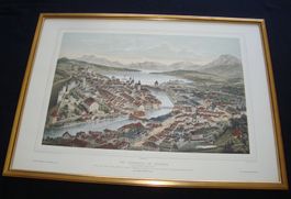 grosse Lithographie " Vue Générale de Lucerne " Th. Muller