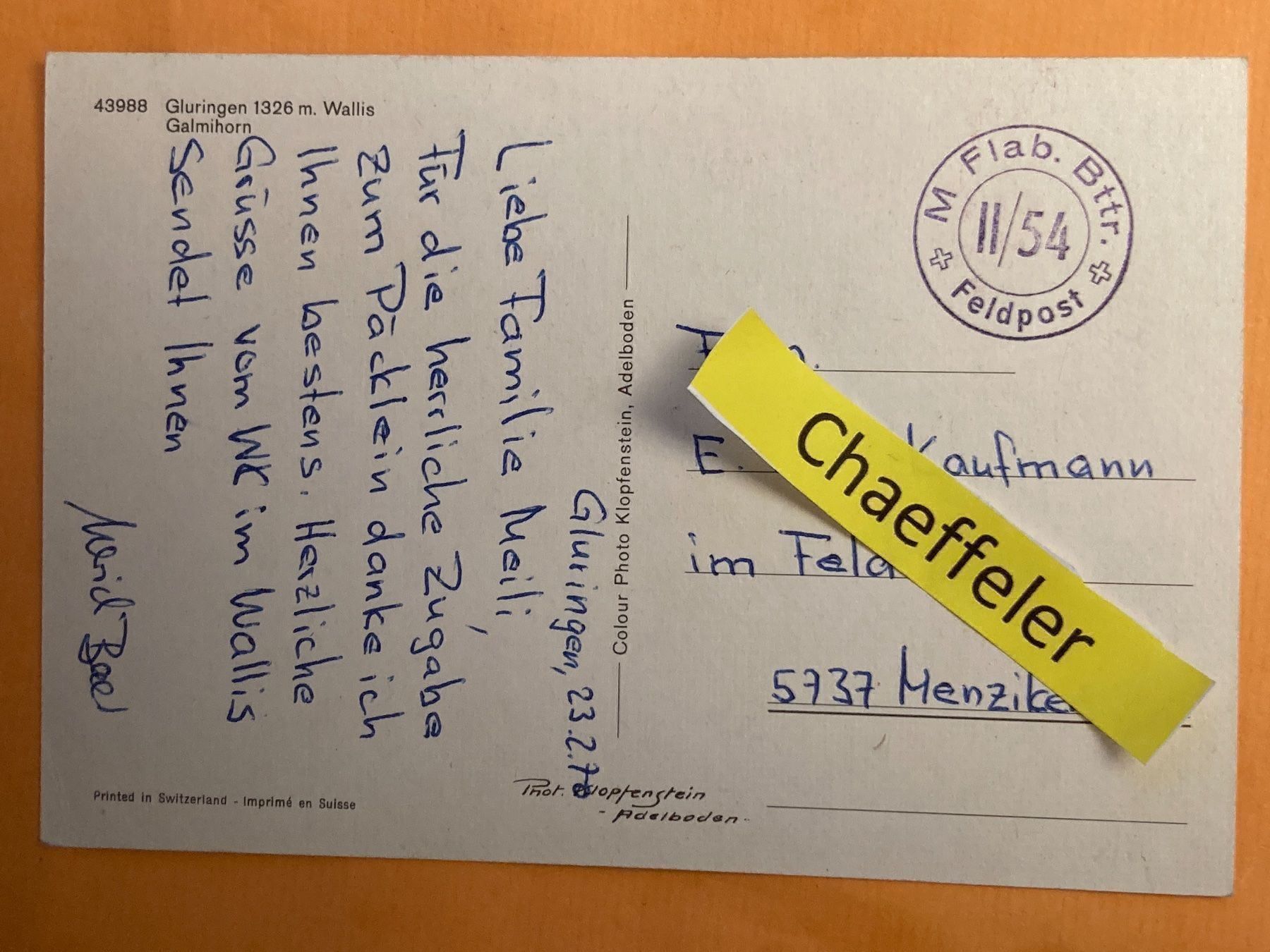 Cartes postales: 1970 Feldpost: Gluringen Wallis – D'occasion à Zürich par Chaeffeler 1