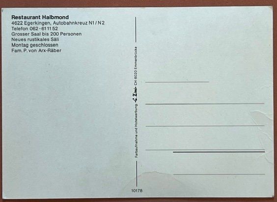 Cartes postales: Ansichtskarte Restaurant Halbmon Egerkingen (ungelaufen) – D'occasion à Spiez par gwaagg- 1