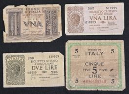 una due cinque Lira Italien alte Banknoten billets Italie