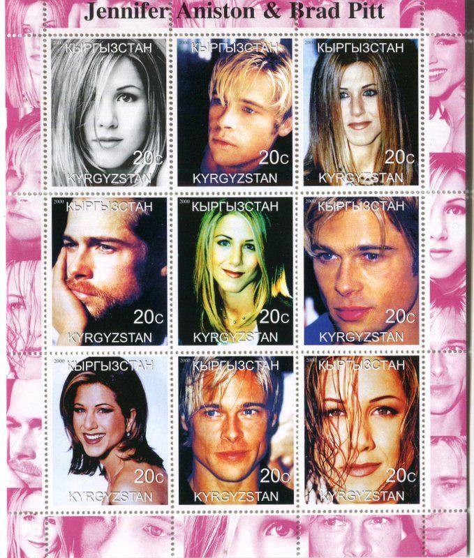 Tutti i francobolli: Block "Jennifer Aniston & Brad Pitt". Kirgisistan – Nuovo e nell'imballaggio originale da Basel venduto da Butsch5