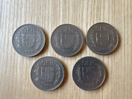 5 Schweizer 5 Franken Münzen vertiefte Randschrift