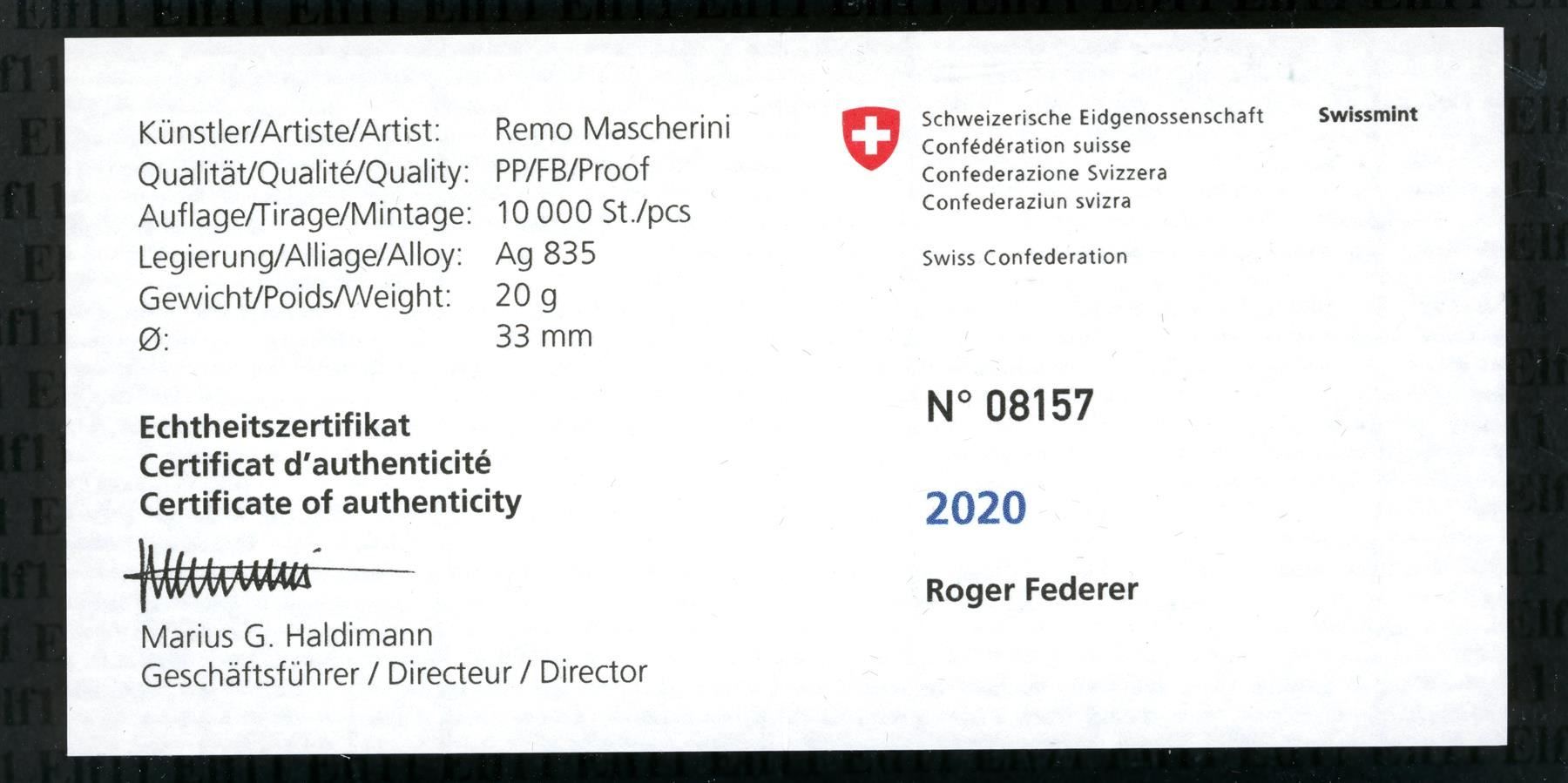 Alle Münzen: CHF__20.00 2020 Roger Federer PP # 8156 20 Franken – Neu und originalverpackt aus Widnau von Elf11 2
