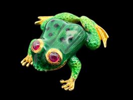 Neugieriger Frosch Brosche/Anhänger Email Rubine 18k *S2222