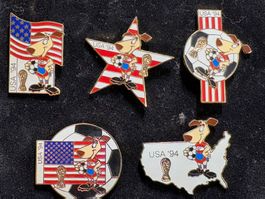 USA 94' WM-Pins, Maskottchen Striker Hund, 5er Set, Rar!