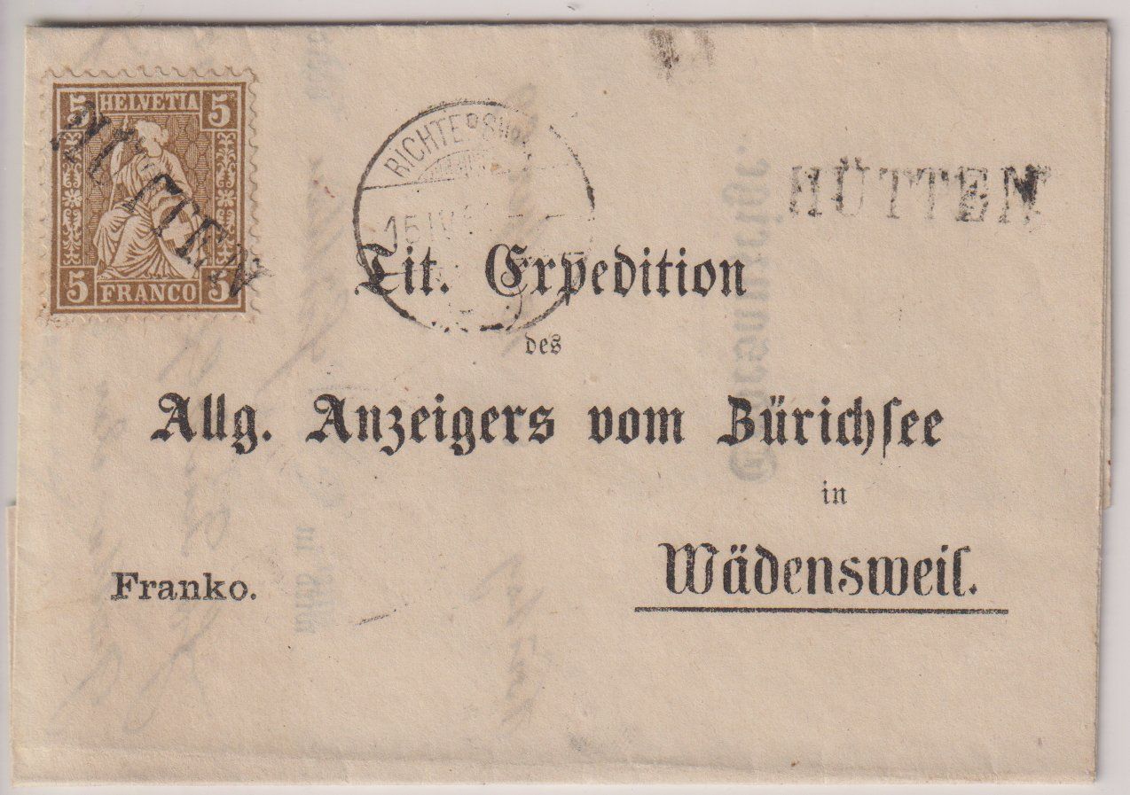 Tutti i francobolli: Faltbriefchen 1869 mit Stabstempel HÜTTEN – Usato da Eschlikon TG venduto da PhilCon
