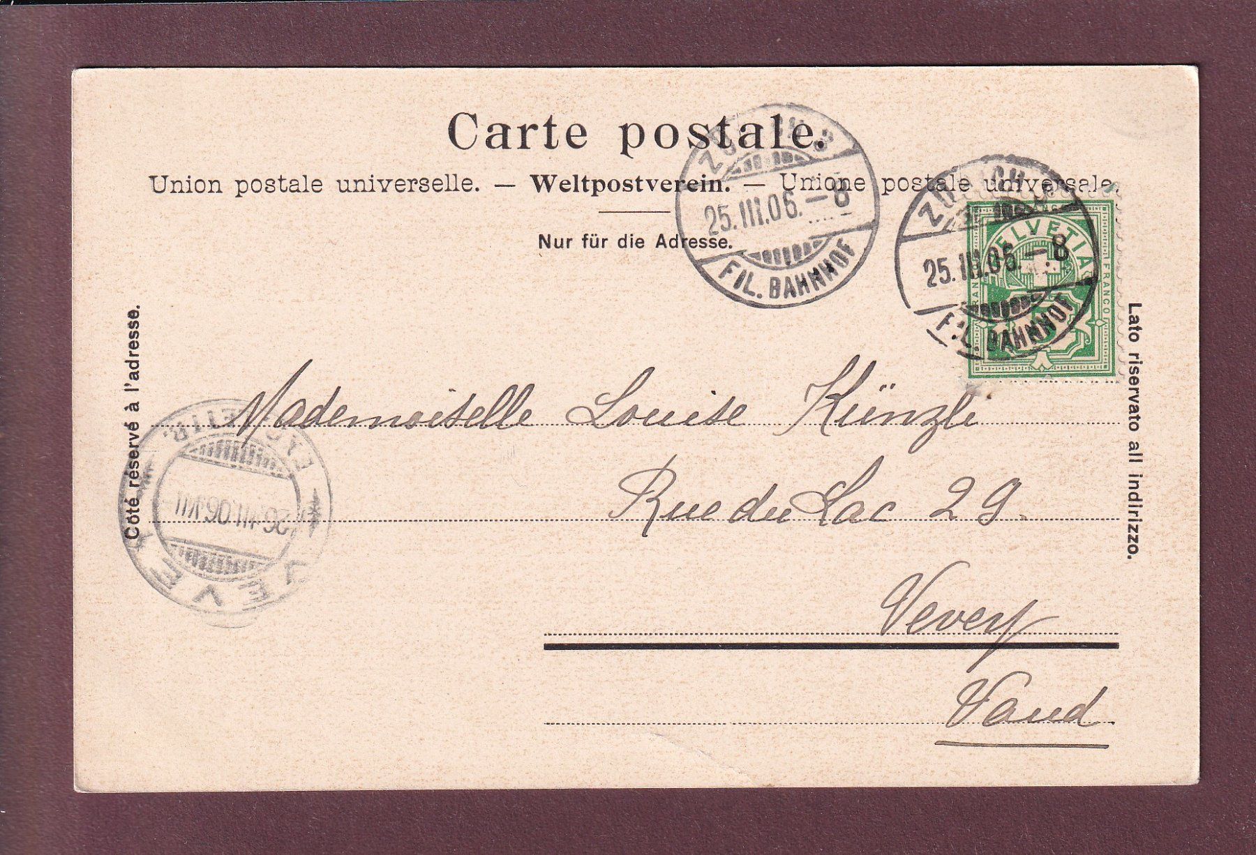 Ansichtskarten: ZÜRICH - Augenklinik - 1905 – Gebraucht aus Pully von nicecards 1