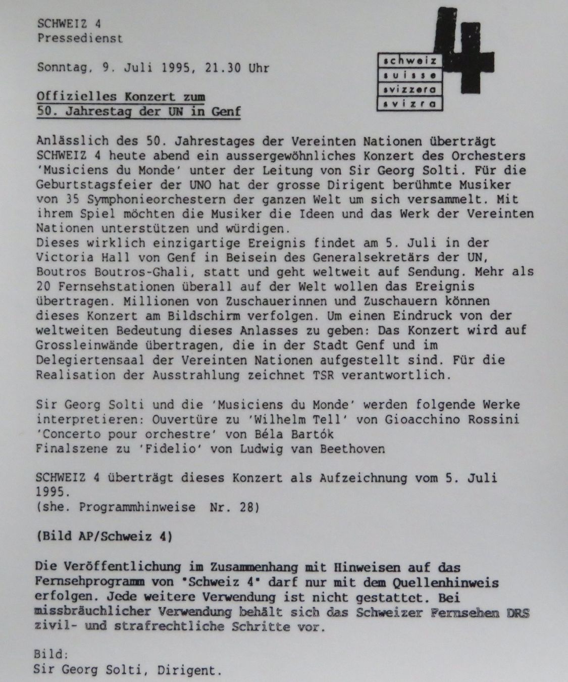 Poster & Bilder: Foto: Sir Georg Solti / Dirigent, Sendung Schweiz 4 1995 – Gebraucht aus Oberriet SG von Manick 1