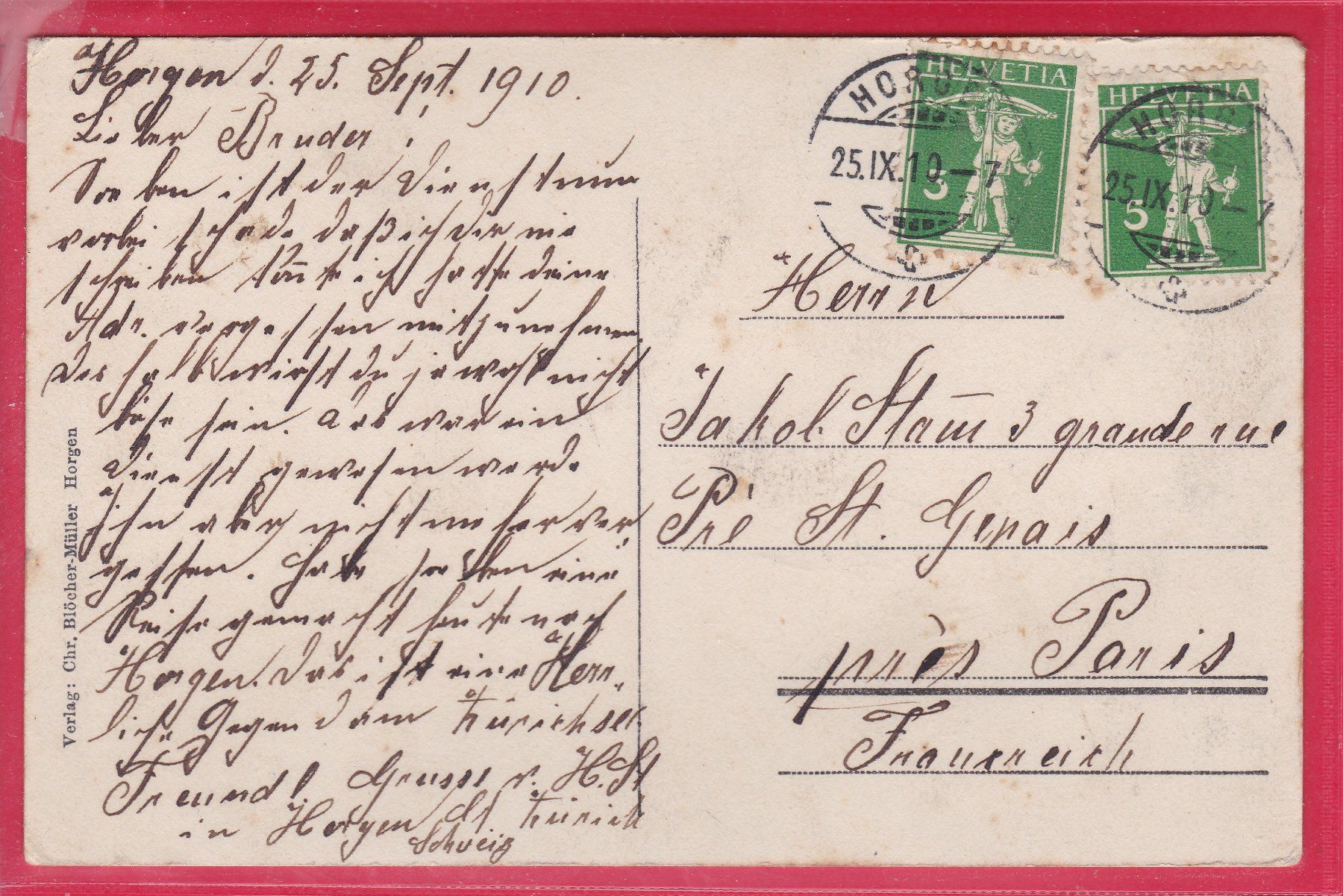 Cartoline postali: HORGEN - VILLA SEEROSE, 25.9.1910 – Usato da Oberrieden venduto da Gebirgsstelze 1