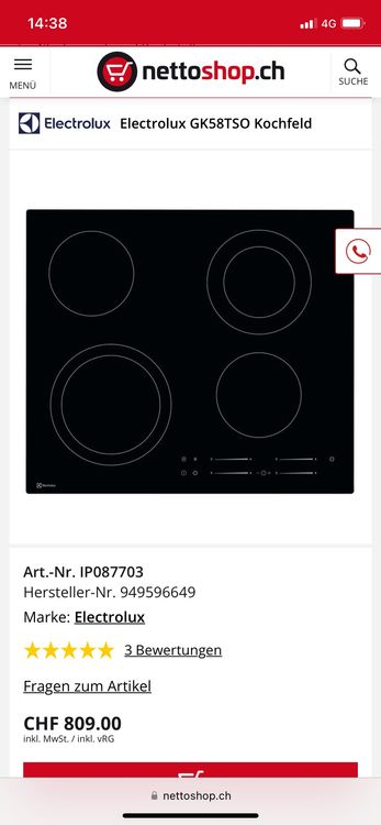 Electrolux Glaskeramik GK58TSO | Kaufen auf Ricardo