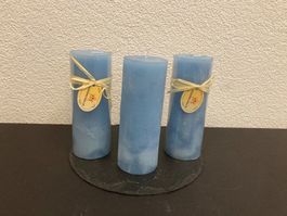 Kerzen 3er Set, je 6,8x18 cm, aqua-blau Raureif, je 550g