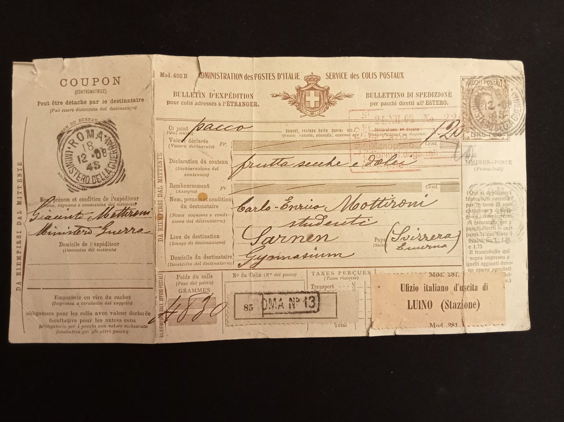 Tutti i francobolli: Versandschein Dezember 1908 Italien - Schweiz – Usato da Luzern venduto da Einh0rn