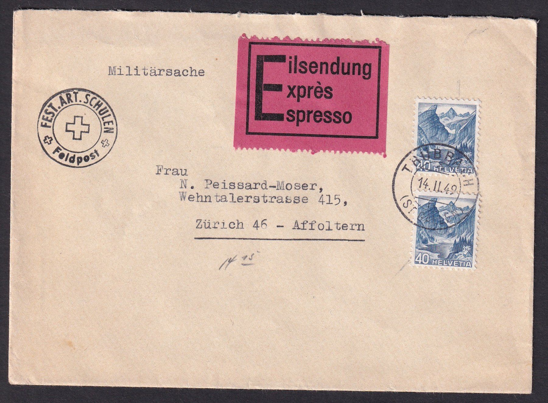 Tutti i francobolli: Exprès Bedarfbrief 80 Rappen Feldpost Trübbach 14.2.1949 – Nuovo (secondo la descrizione) da Olten venduto da clotaldi