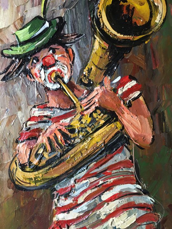 Tableau Rétro Vintage Clown Couché Signé Années 60 70 29x23 Cm