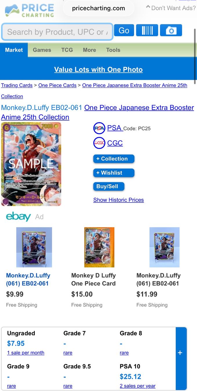 Bandai Carte collezionabili: Monkey D. Luffy EB02-061 SEC - SG 10 - Gem Mint - JP – Nuovo (secondo la descrizione) da Chêne-Bougeries venduto da Carte-Sauvage 2