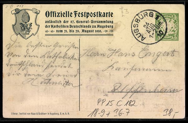 Cancelleria postale: Ganzsache PP15 C182: Augsburg, 57. Gener – Usato da Berlin venduto da bartko-reher 1