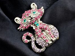 Grün rosa Strass Katze Brosche