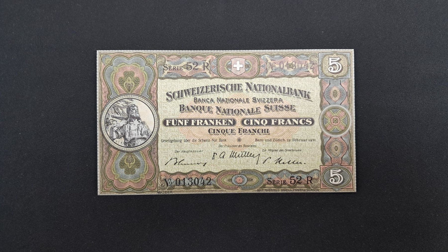 Banconote: 5 Franken  1951 Sign. Keller Unc – Nuovo e nell'imballaggio originale da Lufingen venduto da E-Auktion