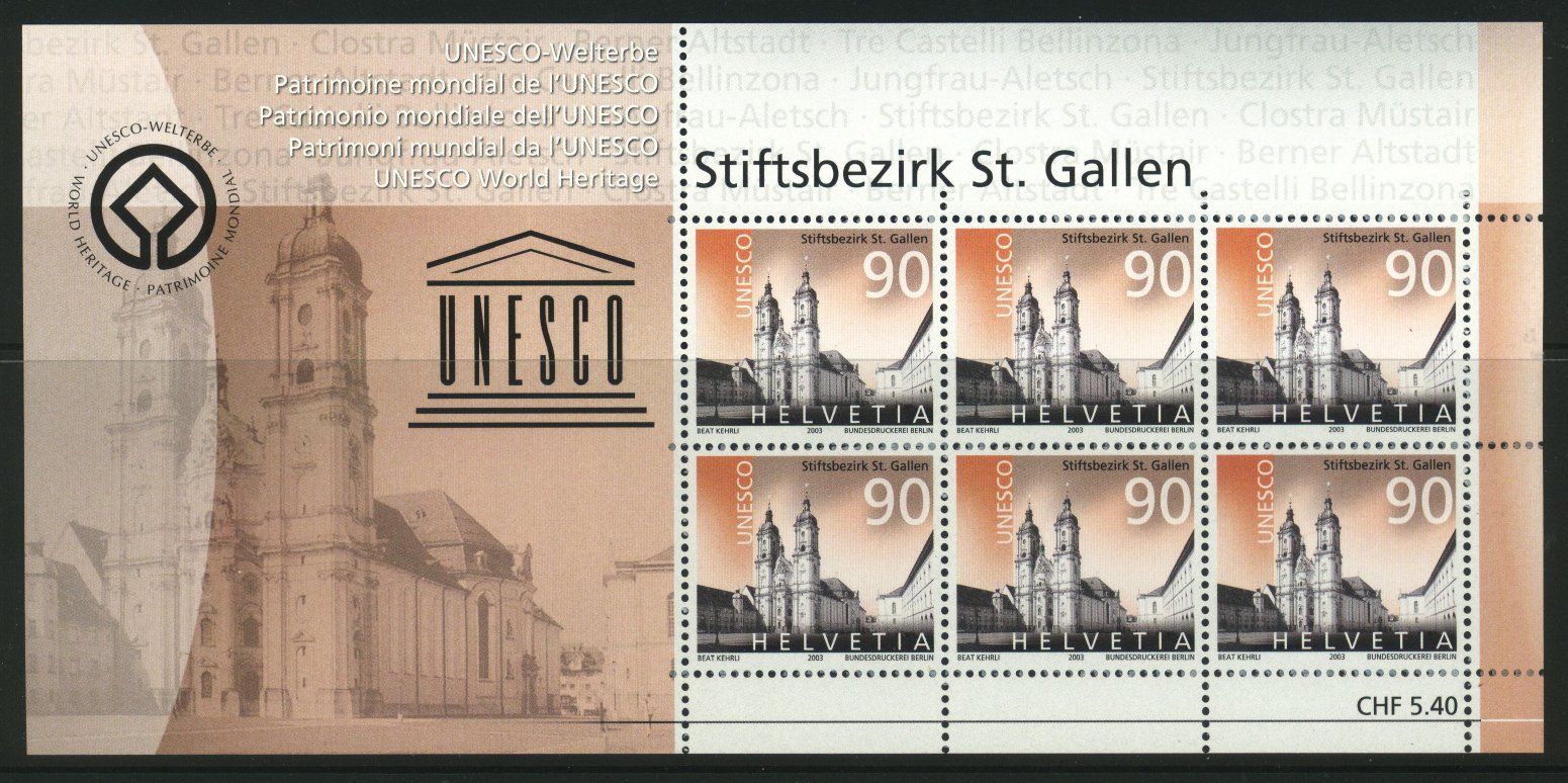 Tutti i francobolli: 2003, Sondermarken Unesco, 5 Kleinbogen ** – Usato da Willisau venduto da Vollstempel 4