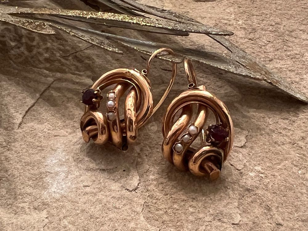 Biedermeier Ohrringe antik Granaten Saatperlen 18 Karat Gold