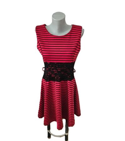 elegantes Cocktail Kleid Gr. M mit Spitze rot schwarz Streif