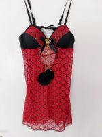 Neglige Rot Schwarz mit Schmuck und Bommel (Push Up)Gr.S