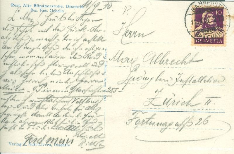Cartoline postali: Disentis -Rest. alte Bündnerstube 1930 – Usato da Emmenbrücke venduto da teestube 1