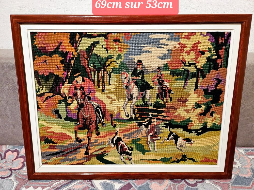 Ancien Plateau Bois Et Verre – Scène De Chasse à Courre à Cheval – Signé Dope