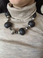 Vintage Wood & Silver Statement Necklace - Bold Beads
