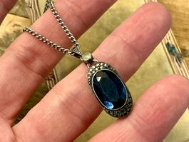 JUGENDSTIL ANHÄNGER AN KETTE SILBER 800-ER, SAPHIR,MARKASITE