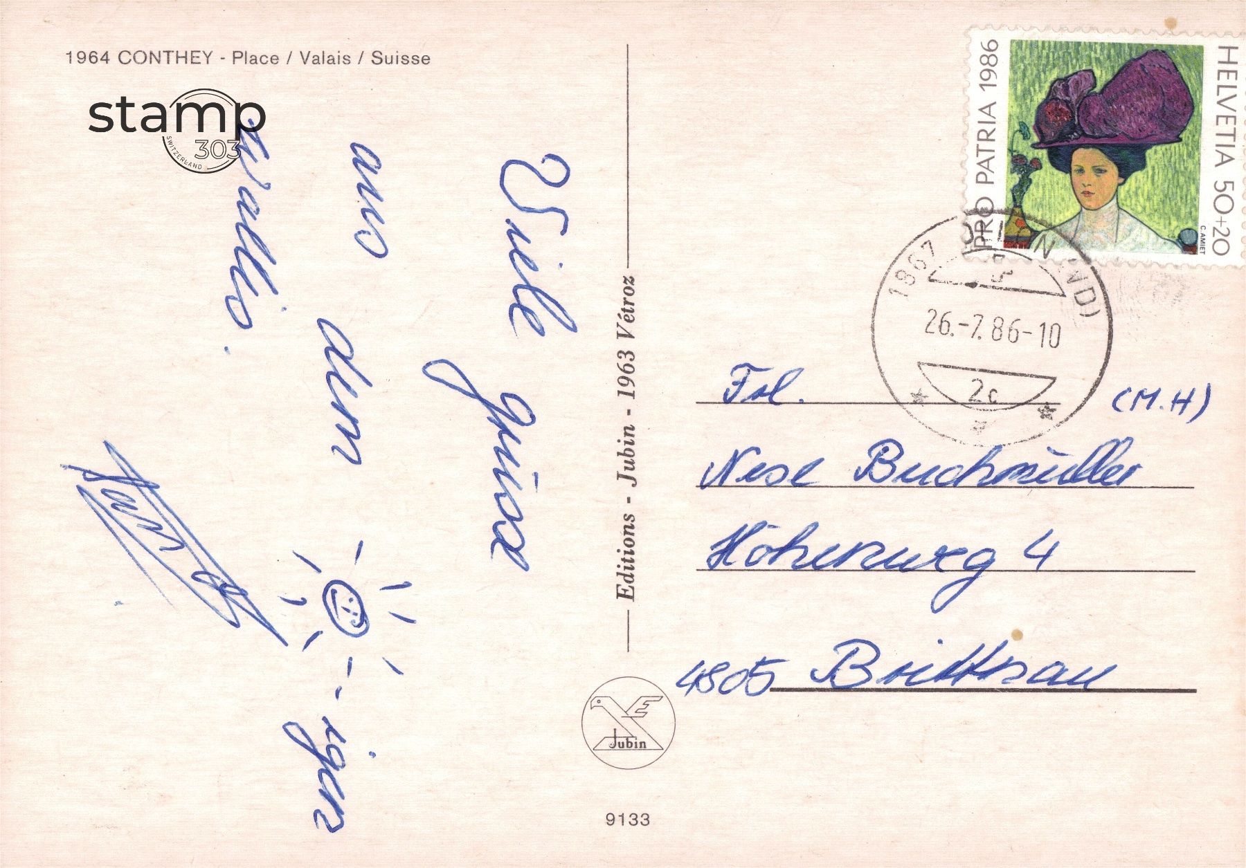 Cartoline postali: 1986 AK Conthey – Usato da Eggersriet venduto da stamp303 1