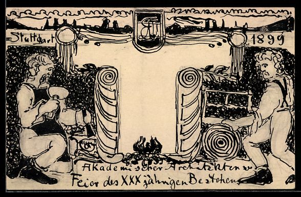 Cartes postales: Handgemalt: Stuttgart, Akademischer Arch – D'occasion à Berlin par bartko-reher