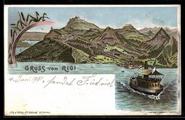 Litho Rigi, Dampfschiff, Ort am Ufer und