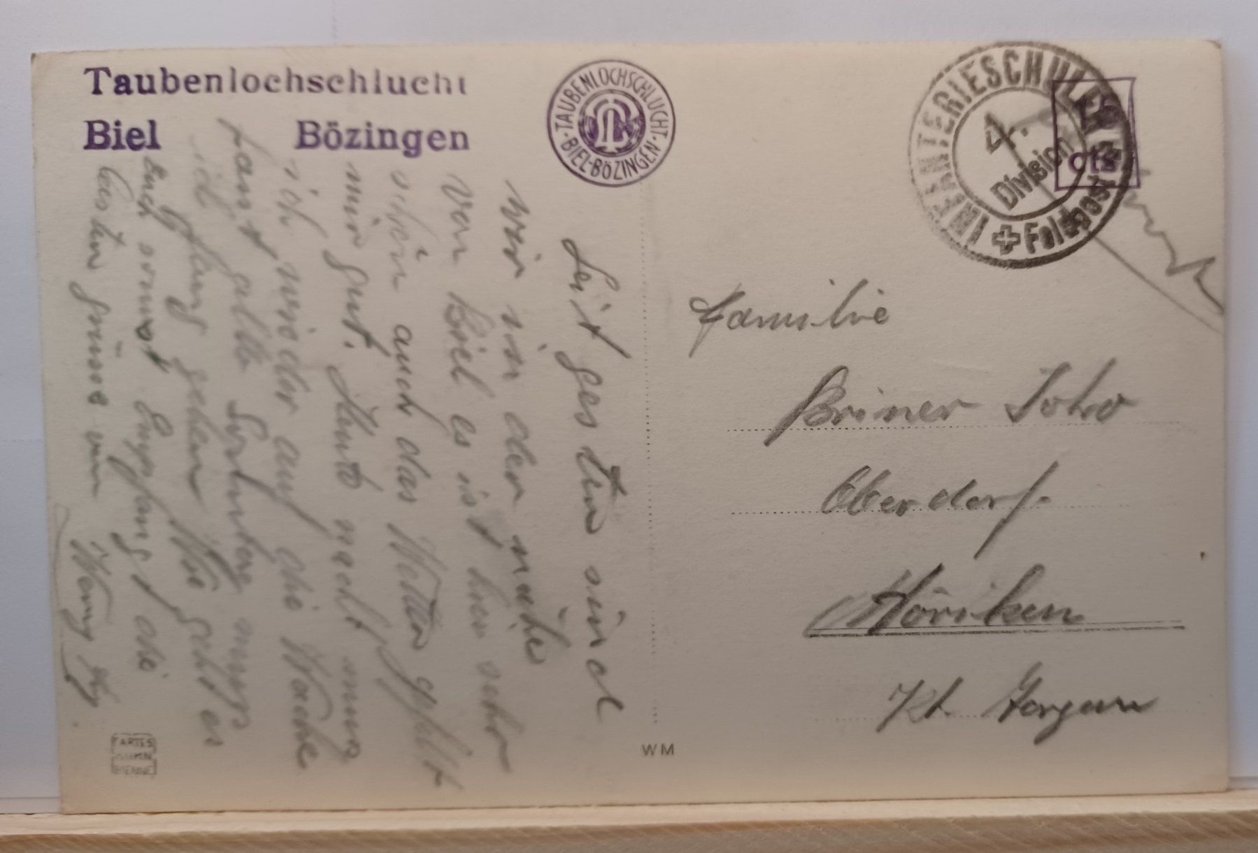 Cartoline postali: FELDPOST, Infanterieschule 4.Division, Taubenlochschlucht – Usato da Aarau Rohr venduto da mgvw 1