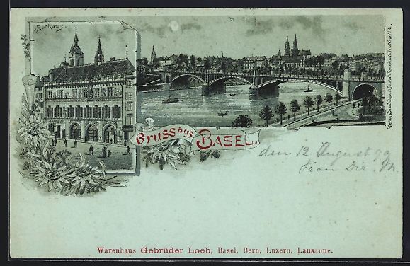 Ansichtskarten: Mondschein-Lithographie Basel, Teilansic – Gebraucht aus Berlin von bartko-reher