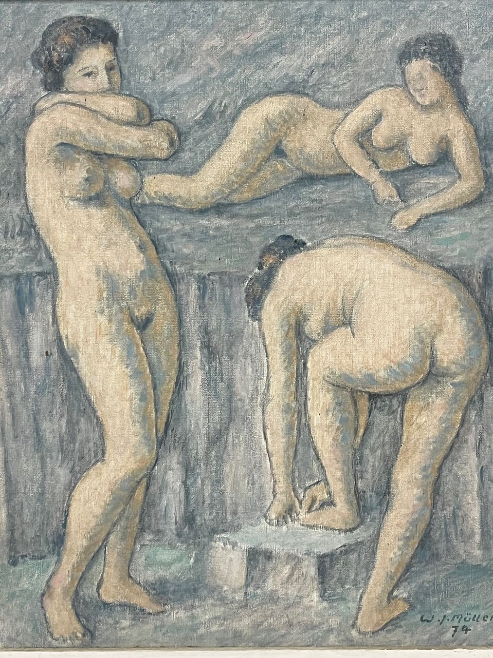 Dipinti: W.J. Müller 1974 Gemälde "Drei Badedamen" – Usato da Basel venduto da PAUL_ART