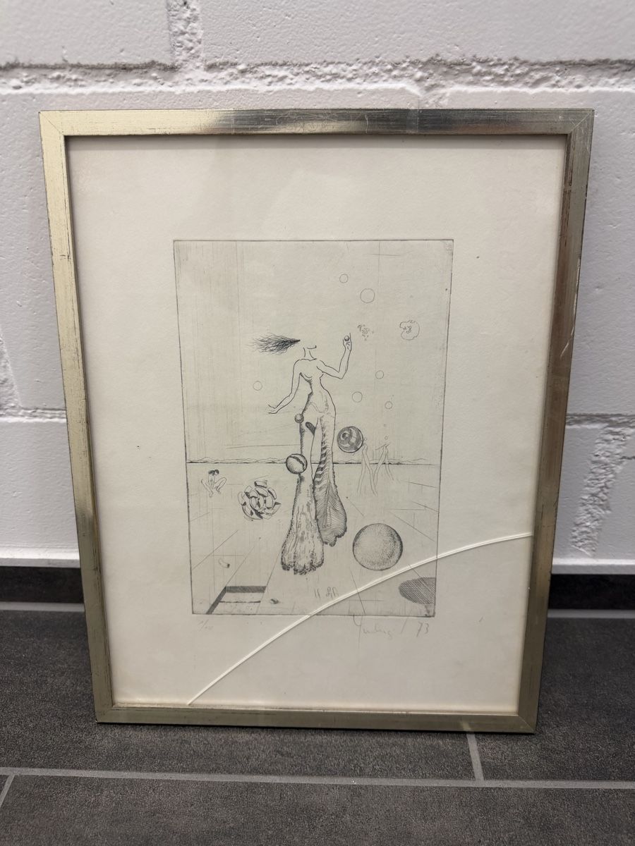 Gemälde: Alte surreale Original Radierung, 1973, Nr. 1/10 – Gebraucht aus Horn von HanSolo.