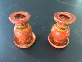 Vintage hand painted wooden candle stick holders