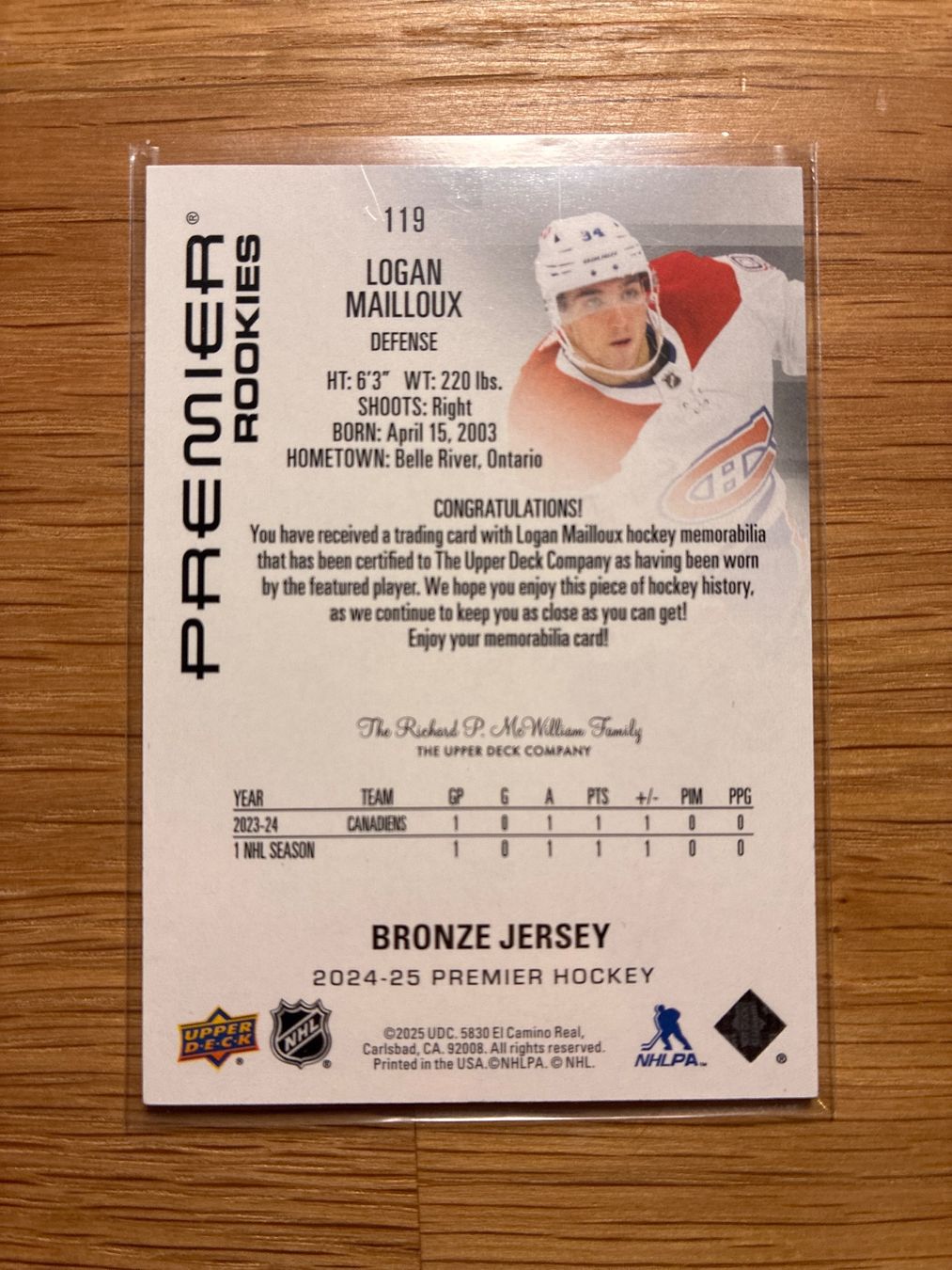 Topps Sammelbilder & Trading cards: Upper Deck Premier Rookie Logan Mailloux Montreal Patch – Gebraucht aus Wangenried von Garagara 1