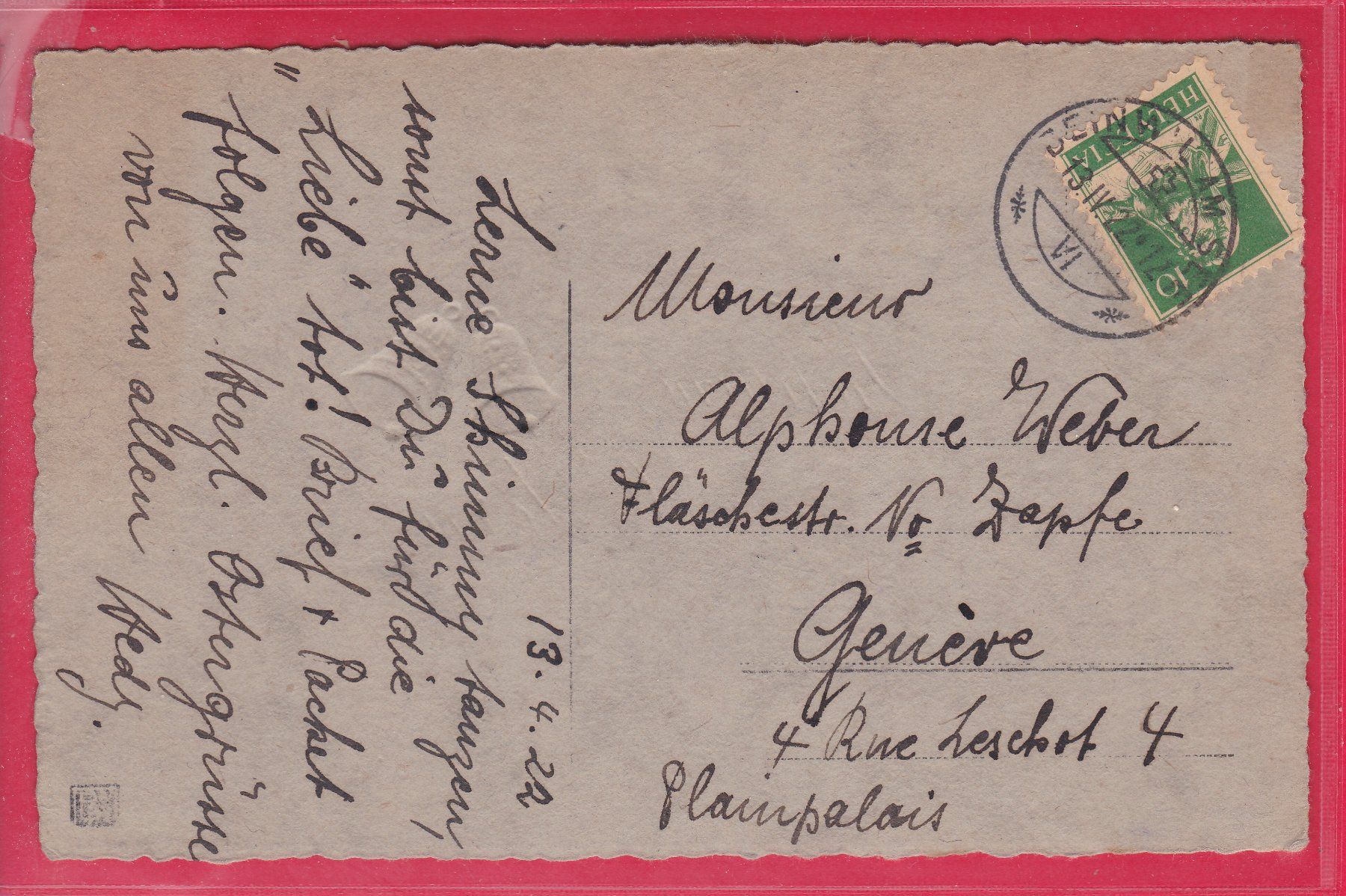 Cartoline postali: FRÖHLICHE OSTERN, 13.4.1922 – Usato da Oberrieden venduto da Gebirgsstelze 1
