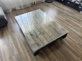 Table basse palette en bois, avec vitre - Unique!