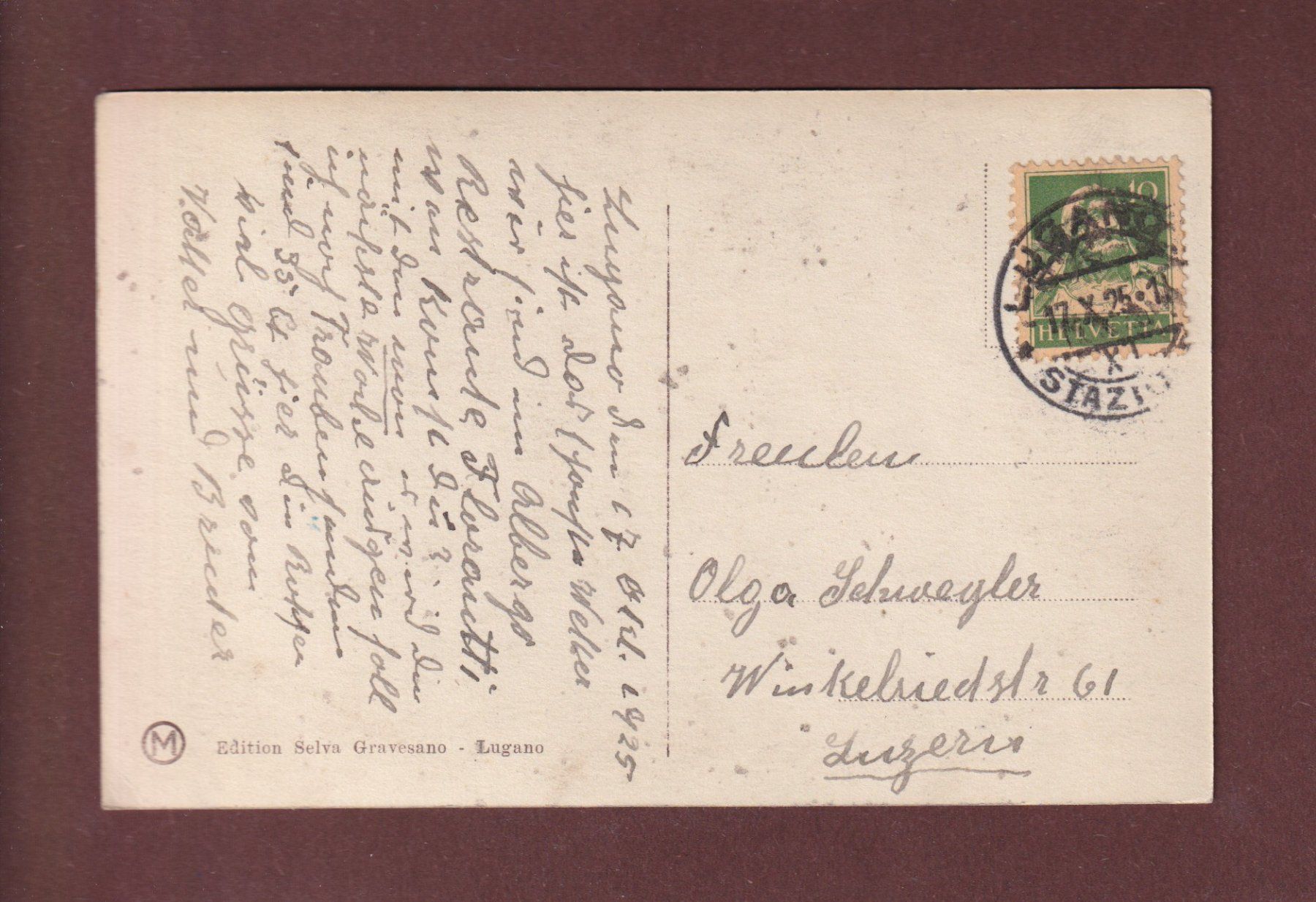 Cartoline postali: LUGANO e dintorni - 1925 – Usato da Pully venduto da nicecards-shop 1