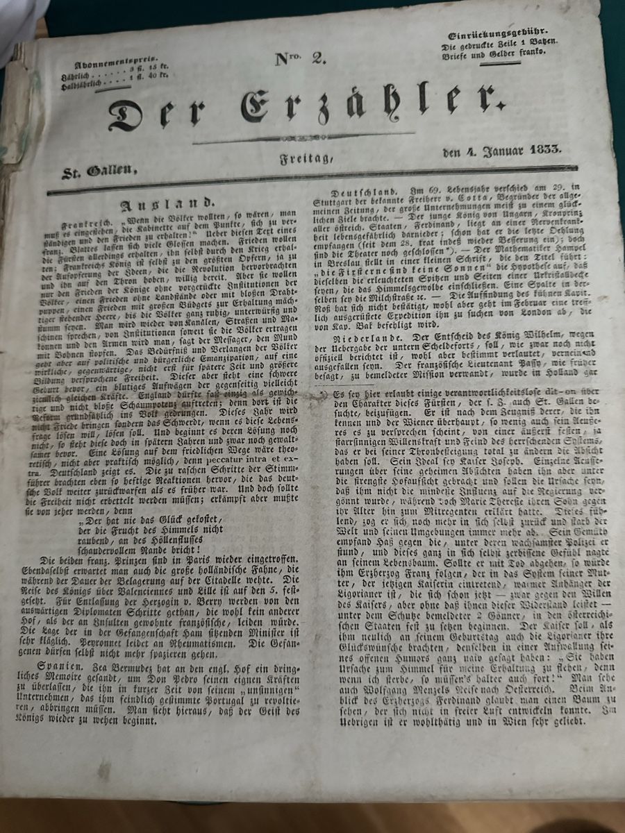 Libri: Der Erzähler St. Gallen 1833 & 1836  – Usato da Wettingen venduto da Phibras 1